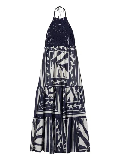 Twinset Embroidered Halterneck Maxi Dress In Blue