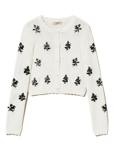 Twinset Embroidered Knitted Cardigan In アイス