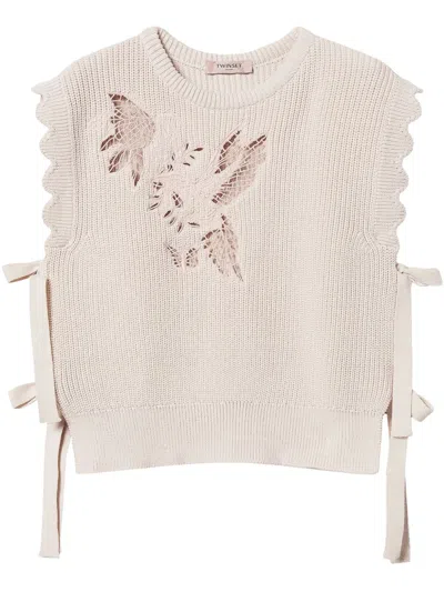 Twinset Embroidered Lace-detail Top In Neutrals