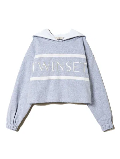 Twinset Kids' Embroidered-logo Cropped Hoodie In Grey