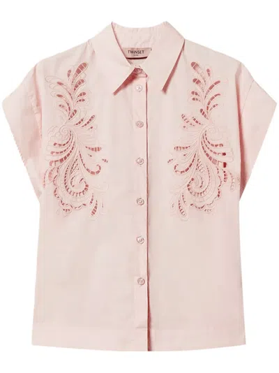Twinset Embroidered Poplin Shirt In Nude & Neutrals