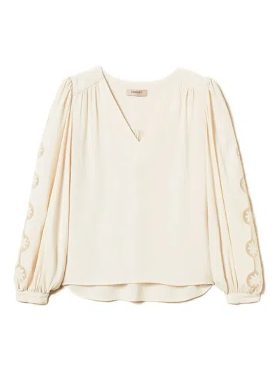 Twinset Embroidered Puff-sleeve Blouse In Neutral