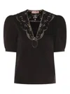 Twinset Embroidered Puff-sleeve Top In Black