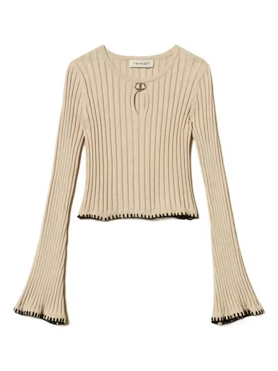 Twinset Embroidered Ribbed-knit Jumper In Brown