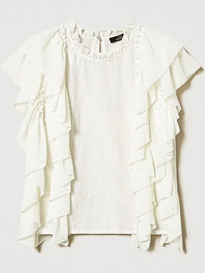 Twinset Embroidered Ruffled Blouse In Neutrals