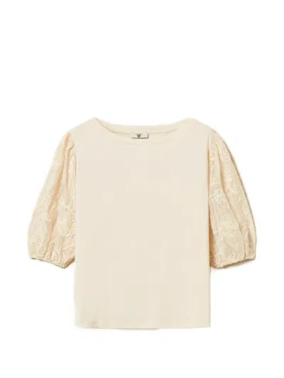 Twinset Embroidered-sleeve Blouse In Brown