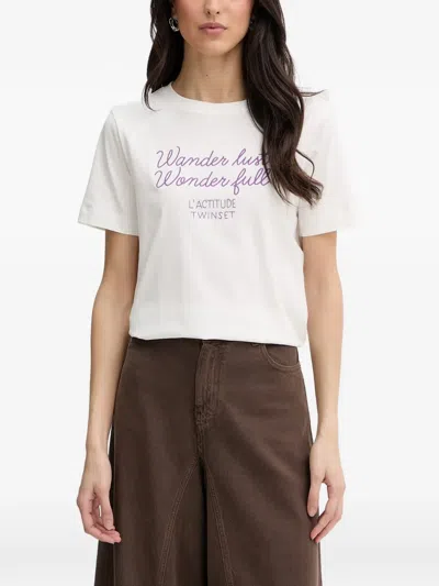 Twinset Embroidered Slogan-print T-shirt In Animal Print