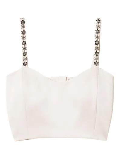 Twinset Embroidered-strap Duchess-satin Top In White