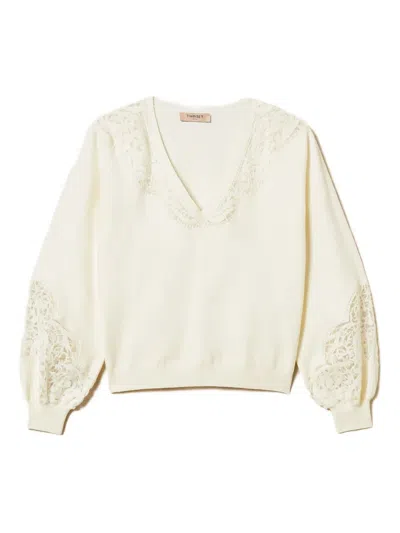 Twinset Embroidered V-neck Sweater In White