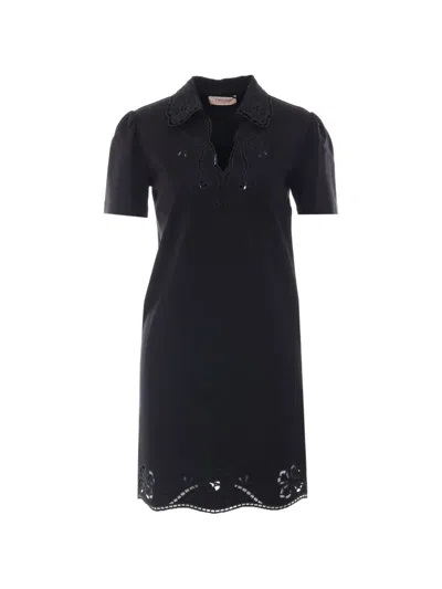 Twinset Embroidered-detail V-neck Mini Dress In Black