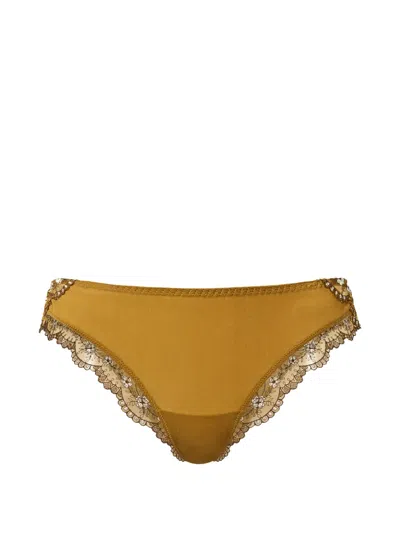 Twinset Embroidered-tulle Brazilian Briefs In Gold
