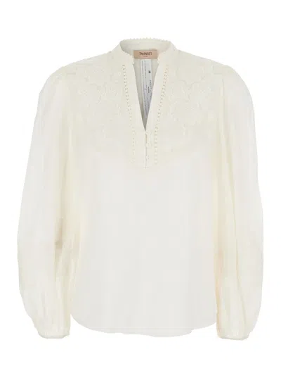Twinset White V-neck Blouse With Embroidered Design In Fabric Woman