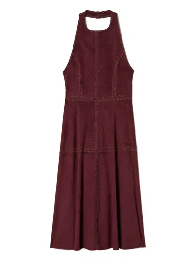 Twinset Embroidery Suede Midi Dress In Brown