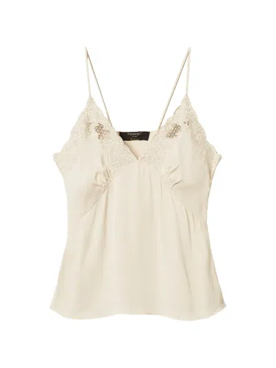Twinset Envers Satin Top With Embroidery In Neutrals