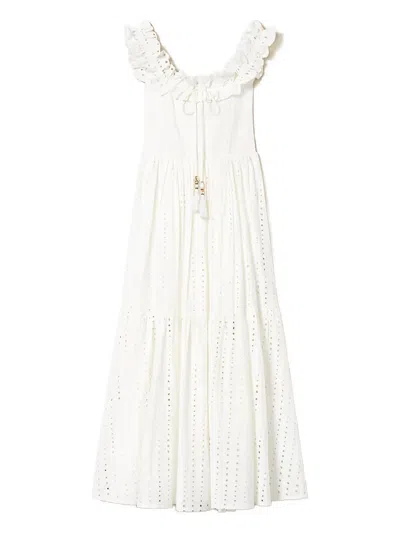 Twinset Eyelet Ruffle Midi Dress In White