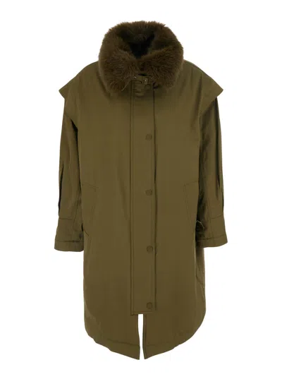Twinset Faux Fur Collar Cotton-blend Jacket With Button-front Closure And Welt Pockets In Green