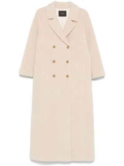 Twinset Faux Fur Double-breasted Coat In Neutrals