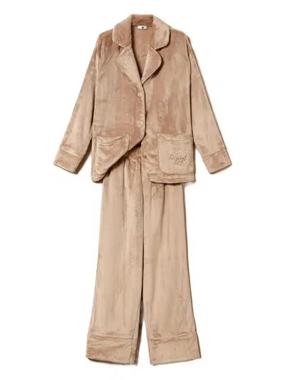 Twinset Faux-fur Long-sleeve Pajamas In Neutral