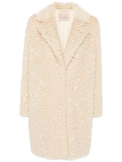 Twinset Faux-fur Midi Coat In Beige