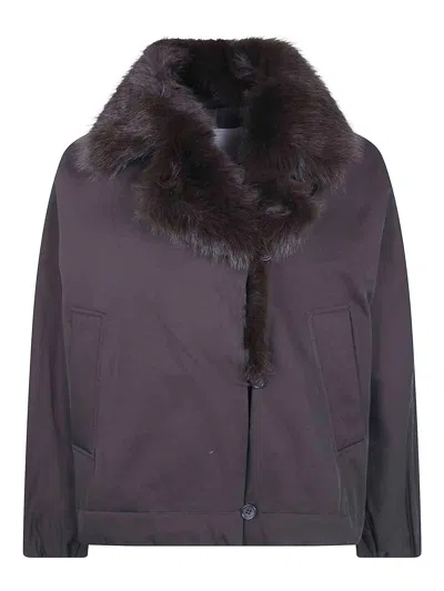 Twinset Faux Fur Neck Bomber Jacket In Brown