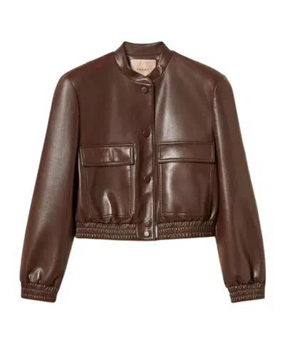 Twinset Faux Leather Bomber Jacket With Pockets In Brown