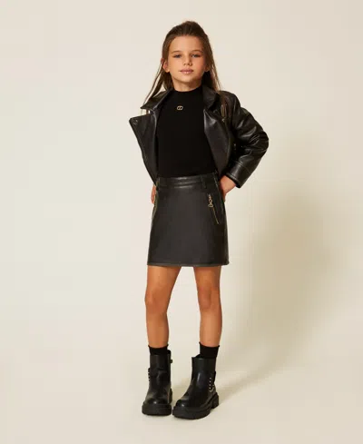 Twinset Kids' Mini-jupe Effet Cuir Avec Poches In Black