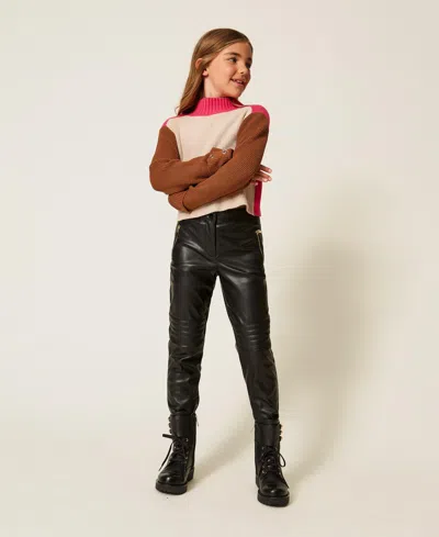 Twinset Kids' Pantalon Effet Cuir Avec Surpiqûres In Black