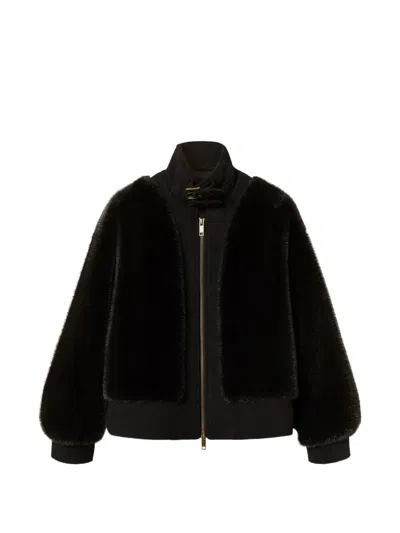 Twinset Faux-fur And Wool Cloth Bomber Jacket In Black