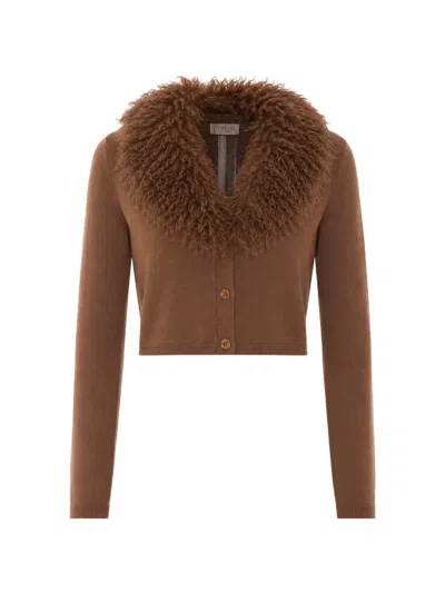 Twinset Faux-fur Collar Cardigan In Brown