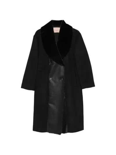 Twinset Faux-fur Collar Double-breasted Coat In Black