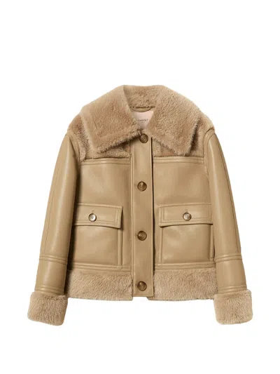 Twinset Faux-fur Trim Leather-effect Jacket In Neutrals