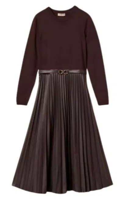 Twinset Twin-set Faux-leather Pleated Knit Dress In Brown