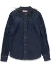 Twinset Feather-detail Denim Shirt In Blue