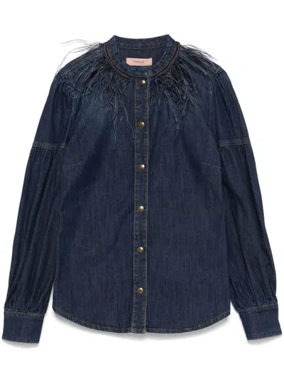 Twinset Feather-detail Denim Shirt In Blue