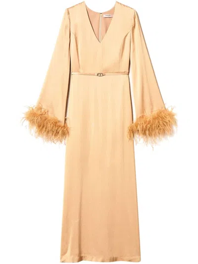 Twinset Feather-detail Satin-finish Maxi Dress In Orange