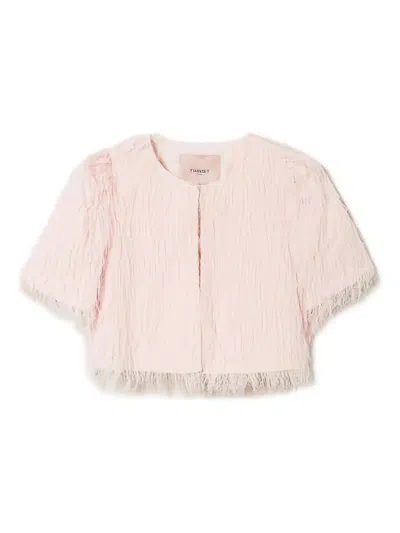 TWINSET FEATHER-EFFECT SHORT-SLEEVE CROPPED JACKET