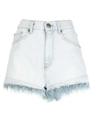 Twinset Denim Shorts With Feathers In Denim Chiaro