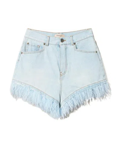 Twinset Feather-trim Denim Shorts In Blue