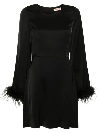 Twinset Feather-trim Satin Mini Dress In Black