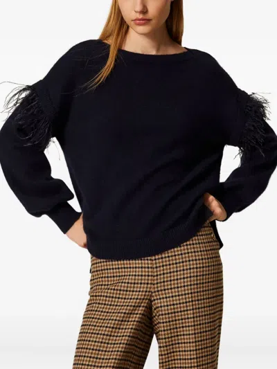 Twinset Feather-trim Sweater In Black