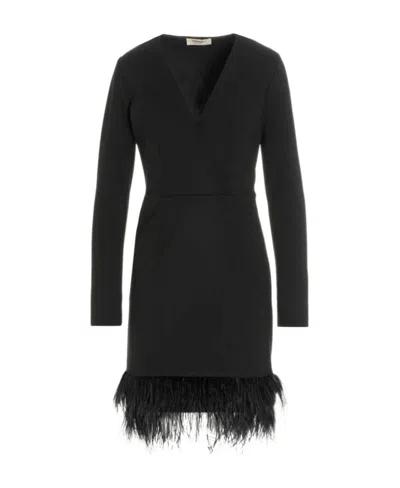Twinset Feather-trim V-neck Mini Dress In Black
