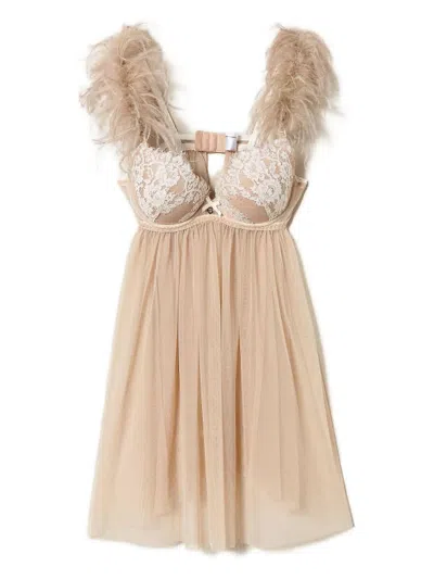 Twinset Feather-trimmed Babydoll Slip In Neutral