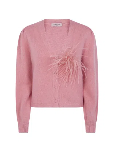 Twinset Feather-embellished Puffed-sleeve Cardigan In Pink