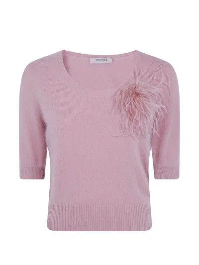 Twinset Feather-embellished Puff-sleeve Sweater In Pink