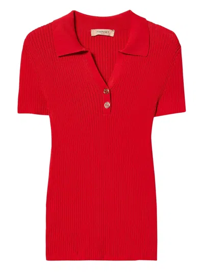 Twinset Fine Ribbed Polo Top In Red