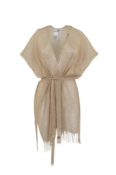 Twinset Fishnet Kimono With Fringes In Oro Free
