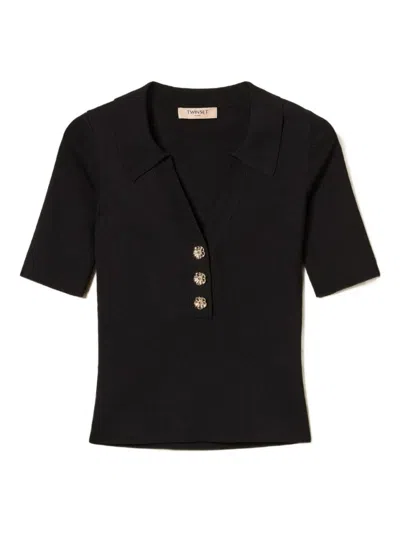 TWINSET FITTED BLACK SHORT-SLEEVE TOP WITH CLASSIC COLLAR