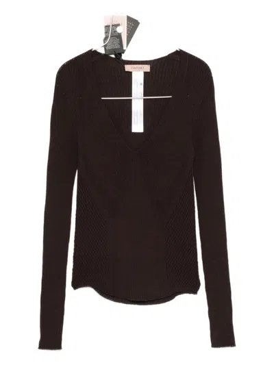 TWINSET FITTED BROWN WOOL SWEATER WITH DEEP V-NECKLINE