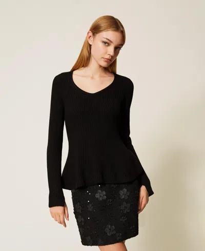 Twinset Fitted Ribbed Jumper In Black
