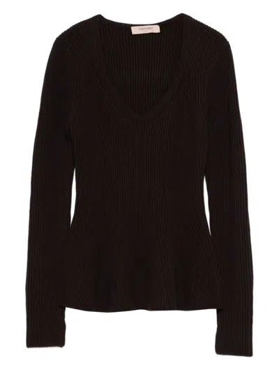 Twinset Fitted Ribbed Knit Sweater With Deep V-neckline In Black